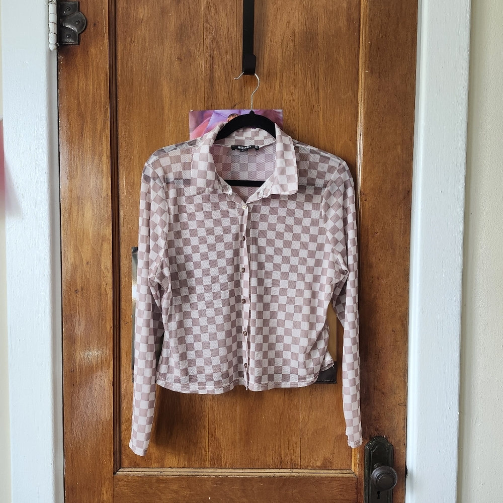 Missguided sheer brown checkered button up